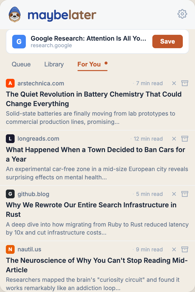 MaybeLater extension showing personalized article recommendations in the For You tab