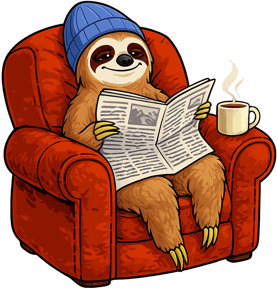 A sloth in a beanie reading the Sunday paper in an armchair, coffee on the armrest