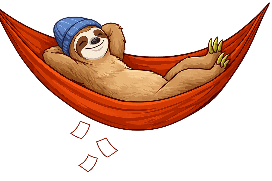 Sloth relaxed in a hammock while papers drift to the ground