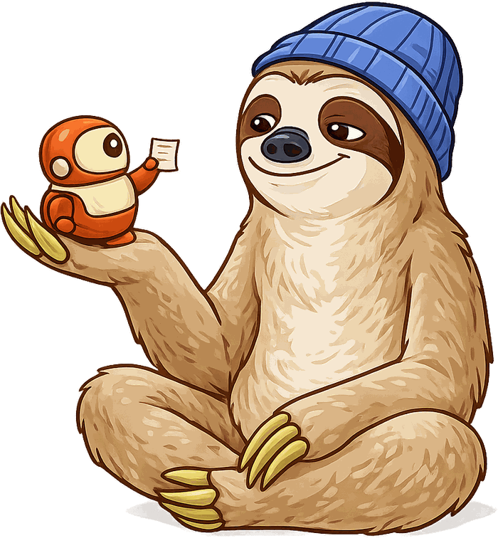 Sloth holding a tiny friendly robot offering a note