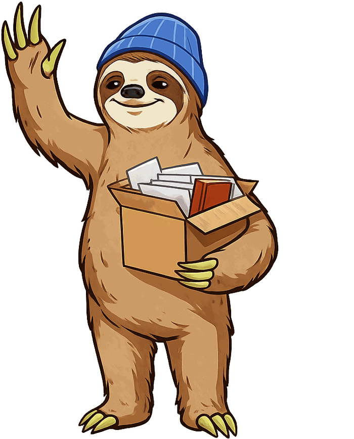 Sloth waving, holding a moving box of papers